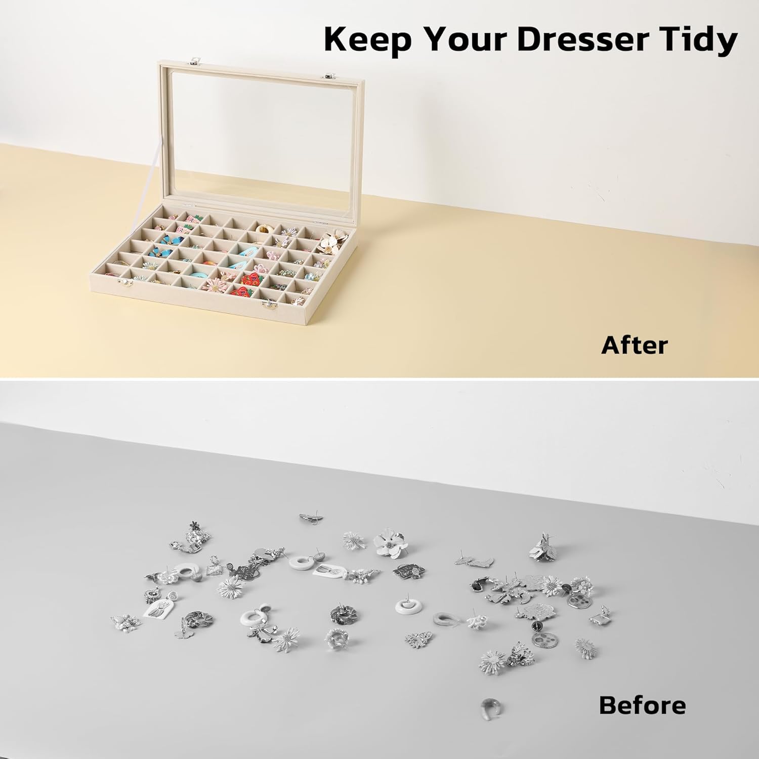 48 Grid Earring Organizer,Velvet Jewelry Tray with Clear Lid | Drawer Jewelry Organizer for Rings Studs