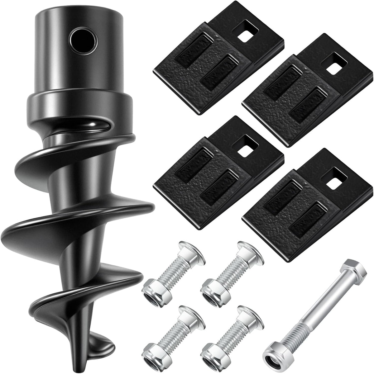 Bolt on Spiral Point Auger Pilot Tip and 4 Pcs 3 Point Auger Cutting Edge Square Hole Replacement Teeth with Hardware