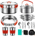 304 Stainless Steel Camping Cookware Set - Mess Kit with Pots, Pans, Kettle, Plates, Forks, Knives, Spoons for 2