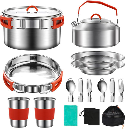 304 Stainless Steel Camping Cookware Set - Mess Kit with Pots, Pans, Kettle, Plates, Forks, Knives, Spoons for 2