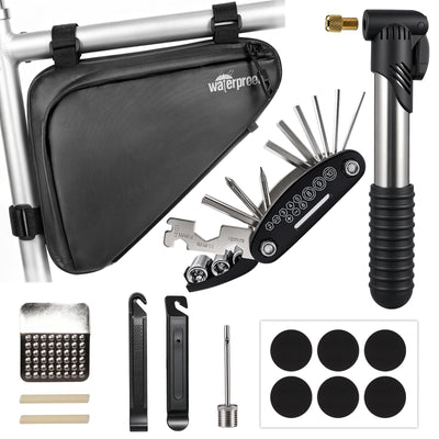 Bike Frame Bag with Repair Kit, Bicycle Tire Repair Tool Kit Set with Pump & 16-in-1 Multitool, Emergency Bike Pack