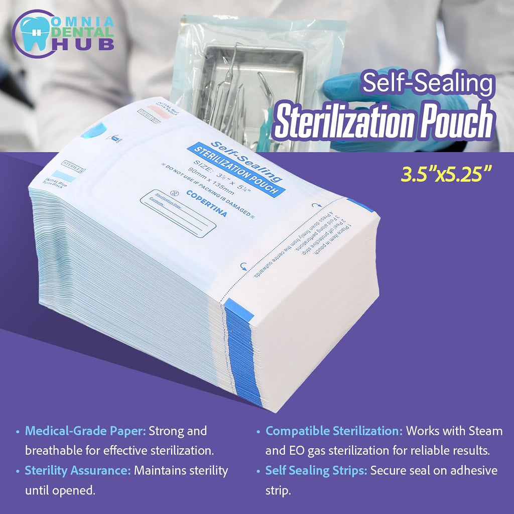 Omnia 200 Pcs Self Sealing Sterilization Pouches 3.5” x 5.25” | Dual Indicators Autoclave Sterilizer Bags for Dental