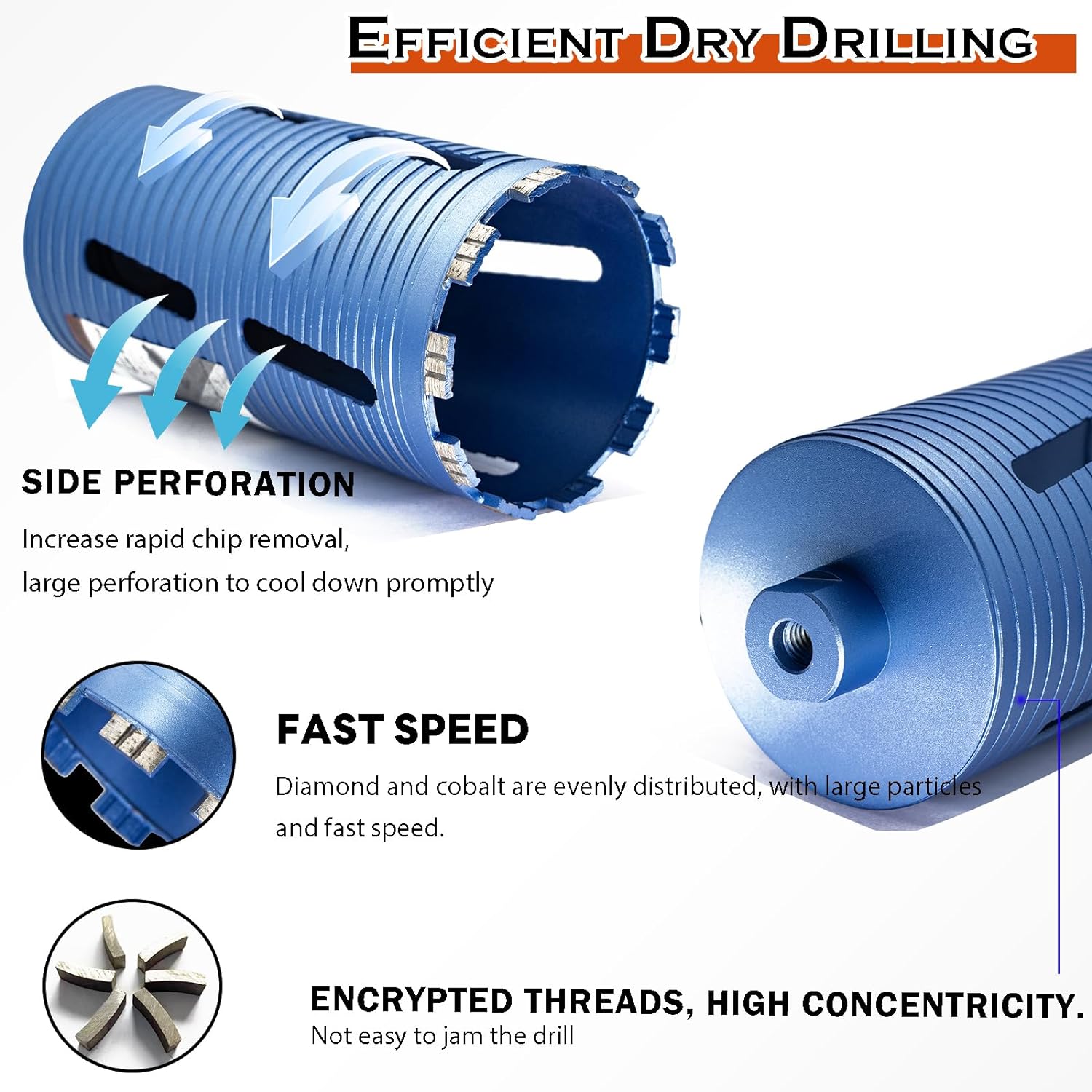 2 1/2" Dry Core Drill Bit, 5/8"-11 Thread, with 3 Adapters Included: SDS Plus, SDS Max and 1/2" Hex Shank; 9.5" Drill