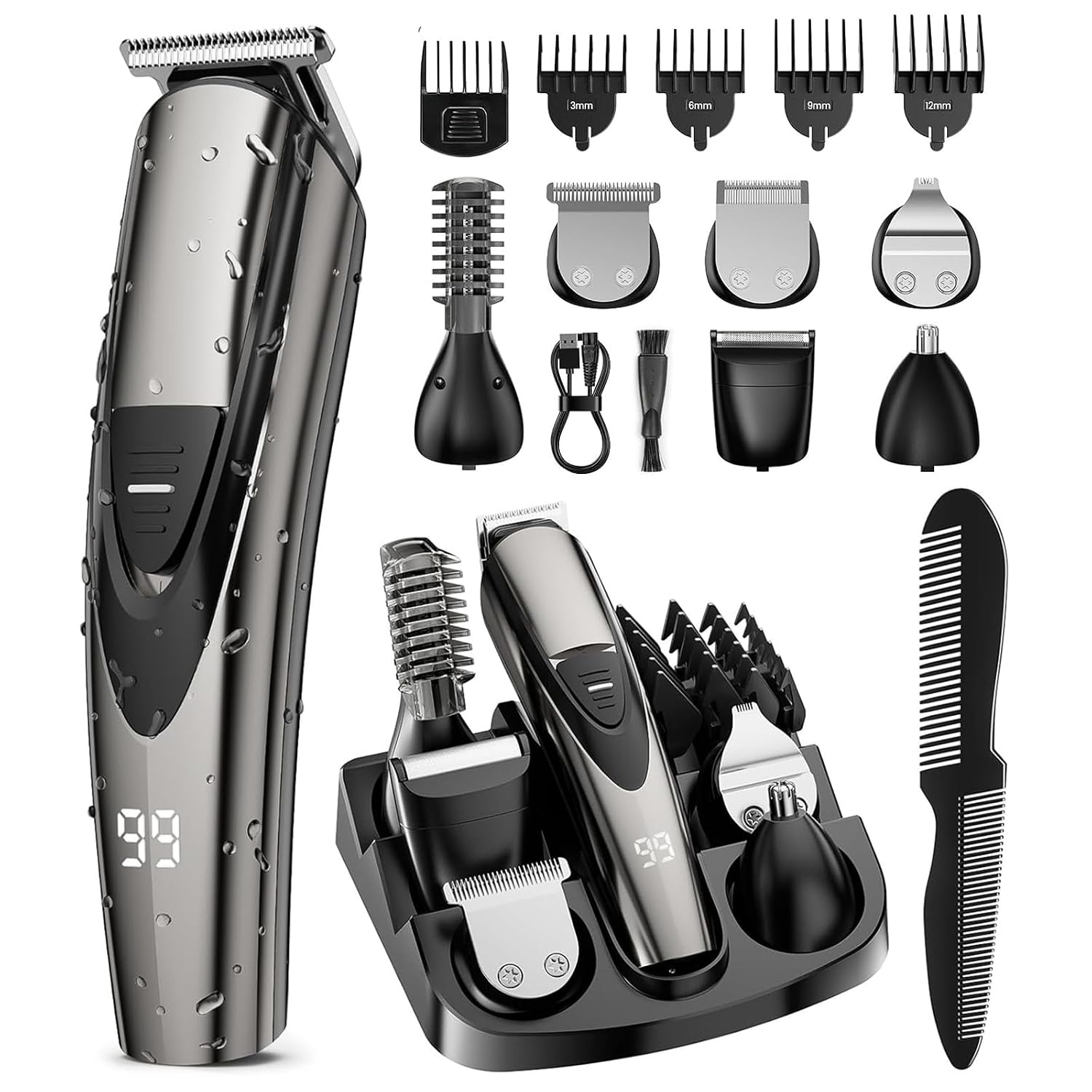 Rechargeable Beard Trimmer for Men: 𝟏𝟐-in-1 Grooming Kit | 𝐏𝐫𝐨fessional Barber Hair Clippers with 6 Detachable Heads
