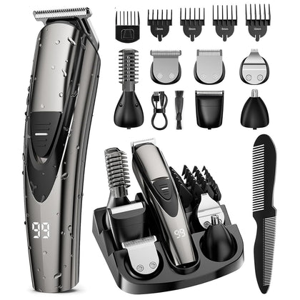 Rechargeable Beard Trimmer for Men: 𝟏𝟐-in-1 Grooming Kit | 𝐏𝐫𝐨fessional Barber Hair Clippers with 6 Detachable Heads