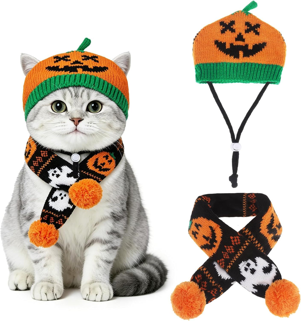 Halloween Dog Costumes Hat Scarf Set Knit, 2 Pcs Pet Halloween Pumpkin Costume Outfit Funny Holiday Cosplay