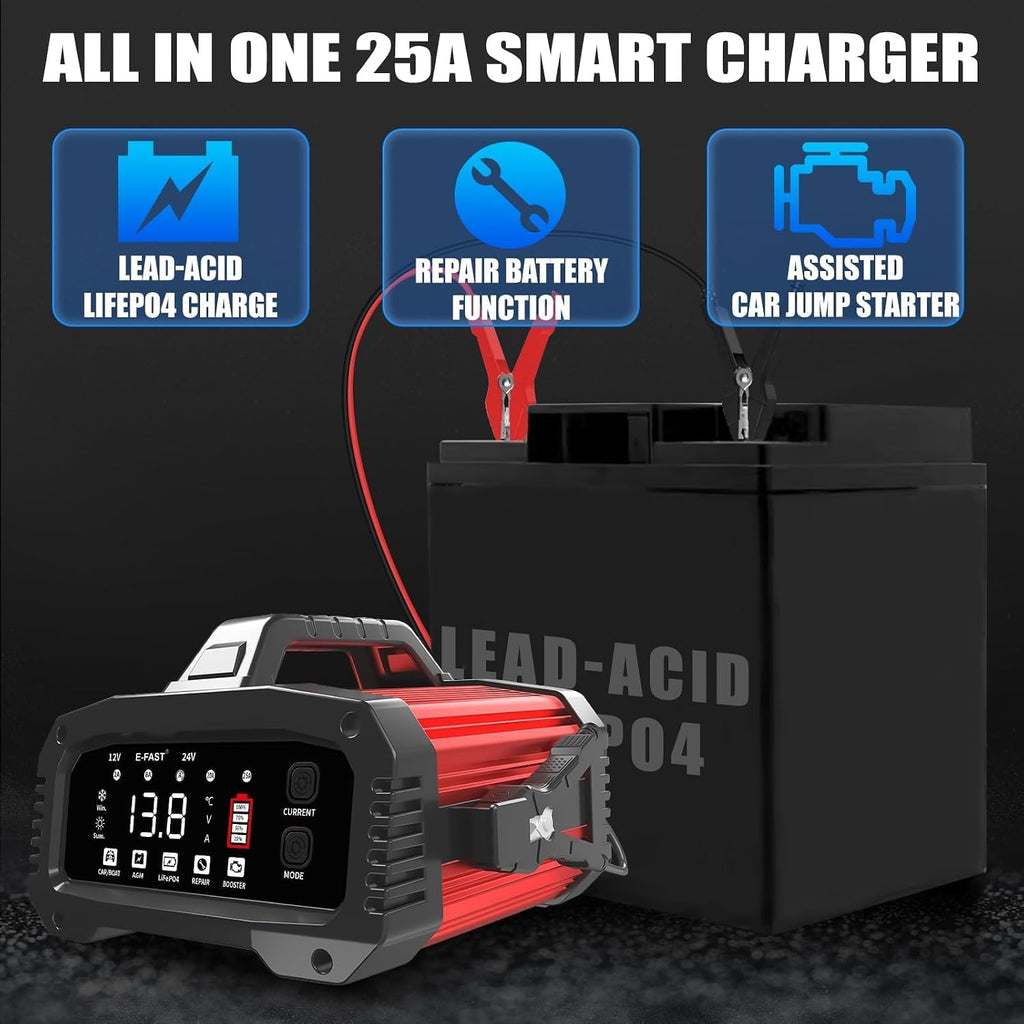 25A Smart Car Battery Charger, 12V/24V Automatic Automotive Battery Maintainer & Desulfator with 200s Booster Mode