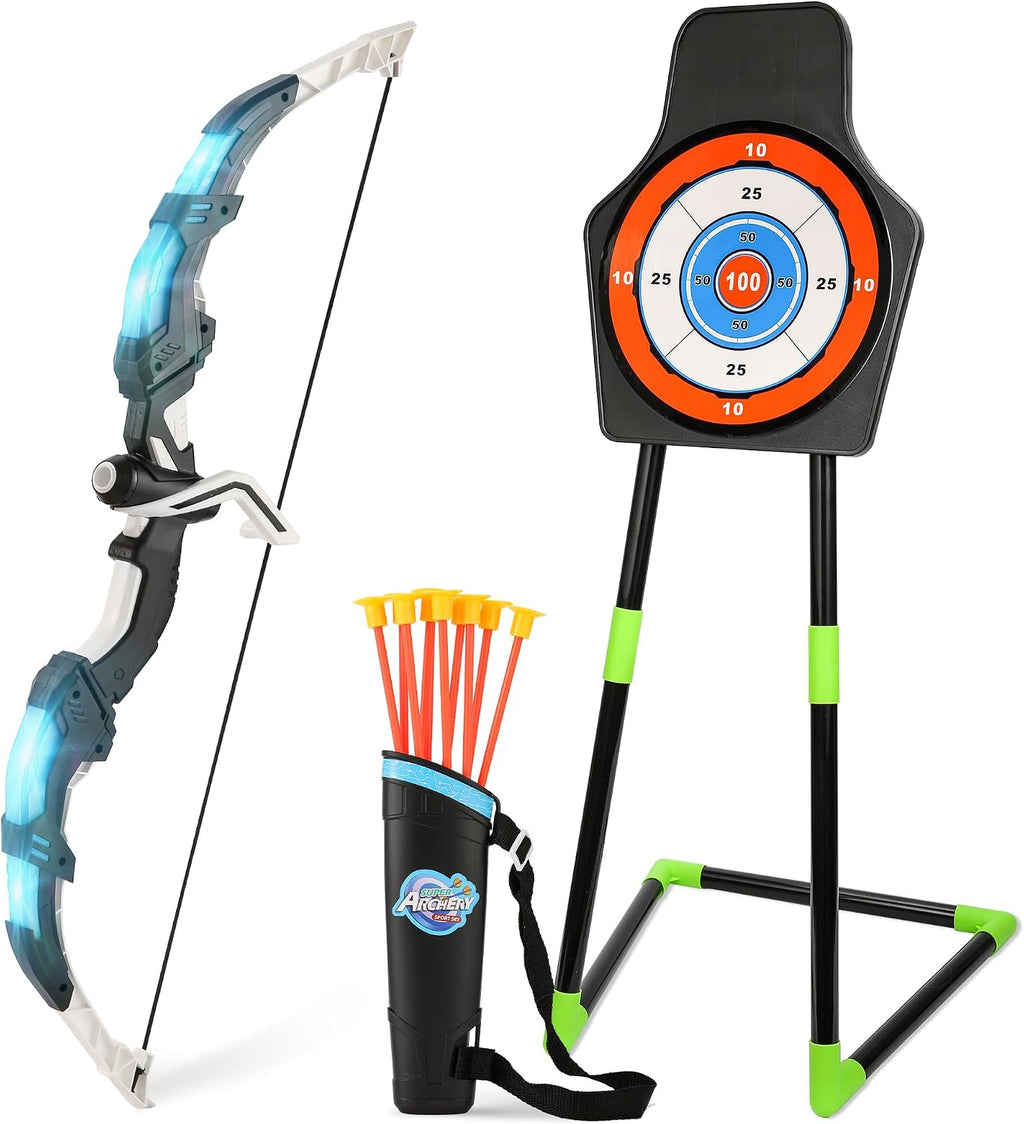Bow and Arrow Set for Kids LED Light Up Archery Set with 10 Suction Cup Arrows Indoor Outdoor Toys with Standing