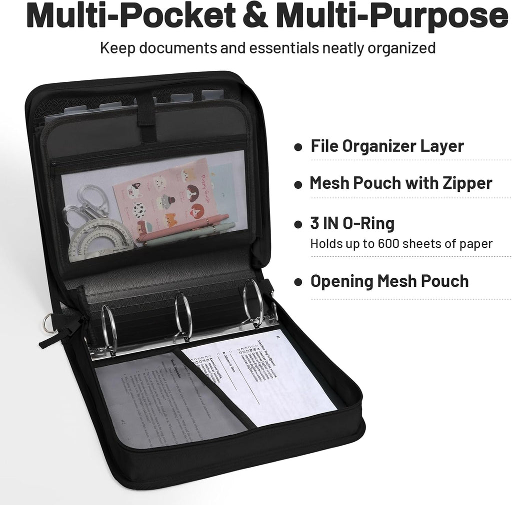 Zipper Binder 3 Ring, 3 Inch O-Ring with Handle and Shoulder Strap, 600-Sheet Capacity, 5-Tab Expanding File Folder