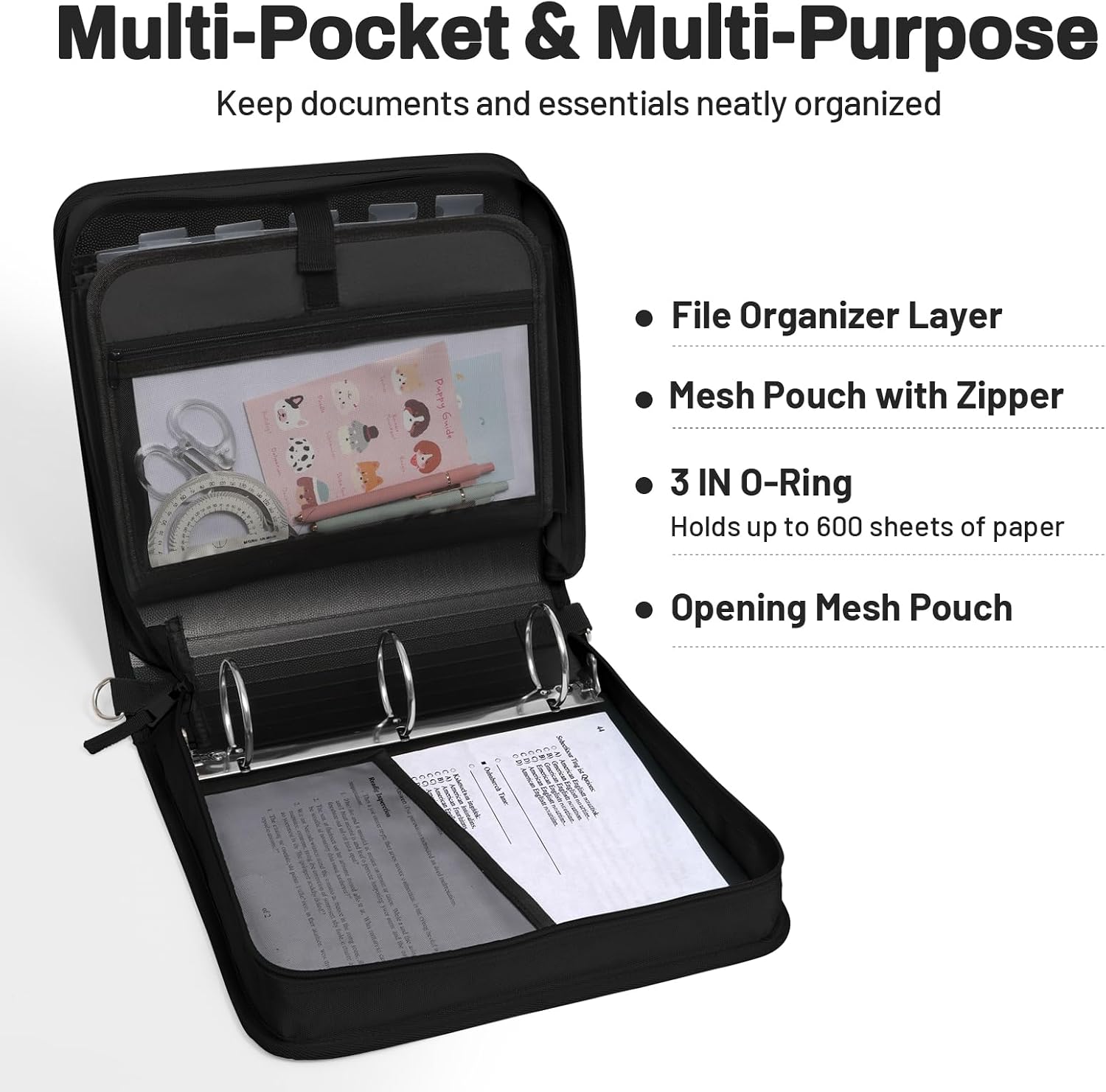 Zipper Binder 3 Ring, 3 Inch O-Ring with Handle and Shoulder Strap, 600-Sheet Capacity, 5-Tab Expanding File Folder