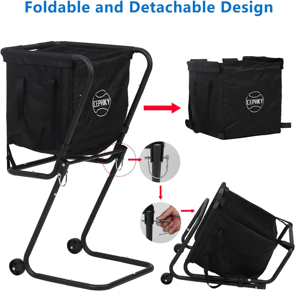 Portable Tennis Ball Hopper with Wheels, Foldable Ball Caddy Holder for Baseball, Pickleball, Softball and Tennis