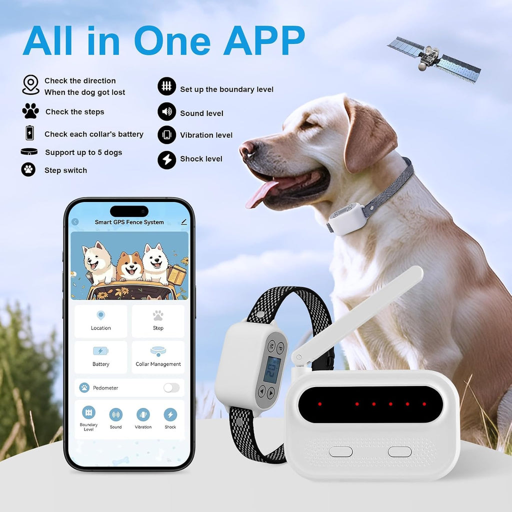 GPS Wireless Dog Fence System with App Control - No Subscription & No Wire, up to 984 FT IPX7 Waterproof Electric Pet