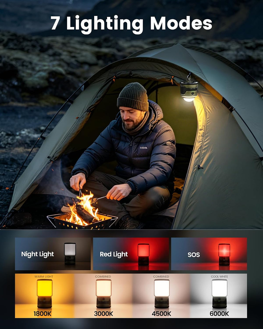 1200LM LED Camping Lantern Rechargeable, 7 Light Modes, 5000mAh Power Bank, IP45 Waterproof, Perfect Lantern