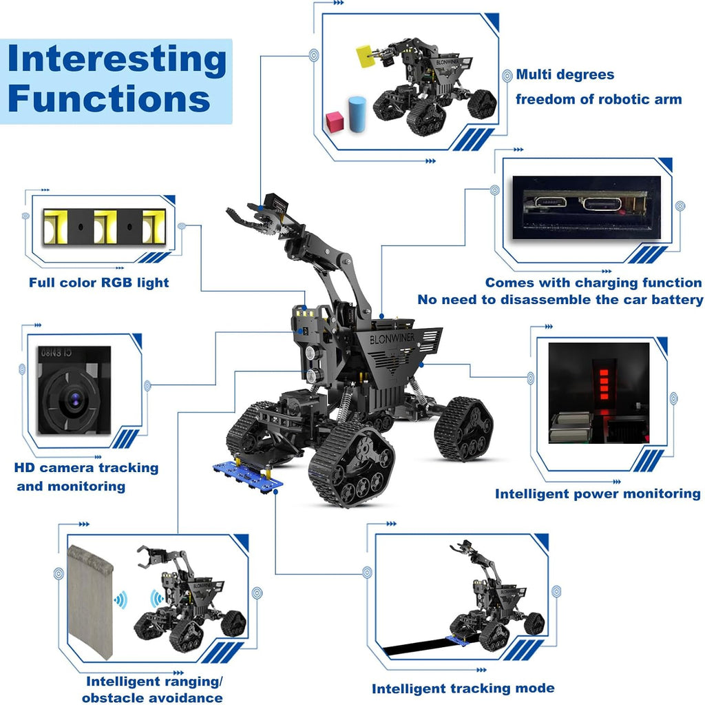 Robot Car Kit, 2 in 1 Smart Robotics Arm Building Toy for Raspberry Pi Python Coding, STEM Programming Tank Kits with