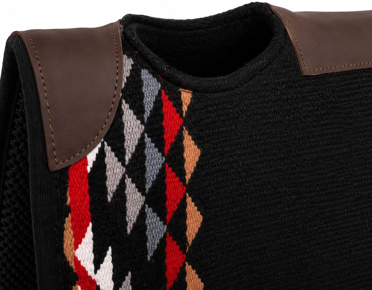 Premium Western Durrie Saddle Pad Black Southwestern Diamond Horse Saddle Blanket with Brown Leather Wear Panels |