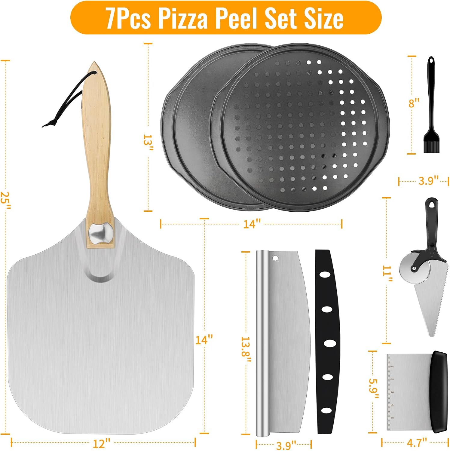 Pizza 7PCS Pizza Peel Pizza Pan Set, 12" x 14" Pizza Spatula, Aluminum Pizza Paddle with Rocker Cutter Scraper Pie