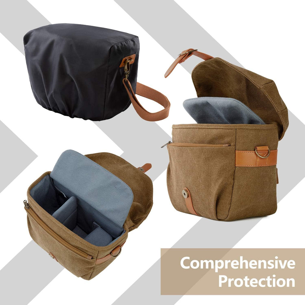 Canvas Crossbody Camera Bag with Rain Cover for Women Men, Khaki | SLR DSLR Camera Case, Compact Camera Shoulder Bag