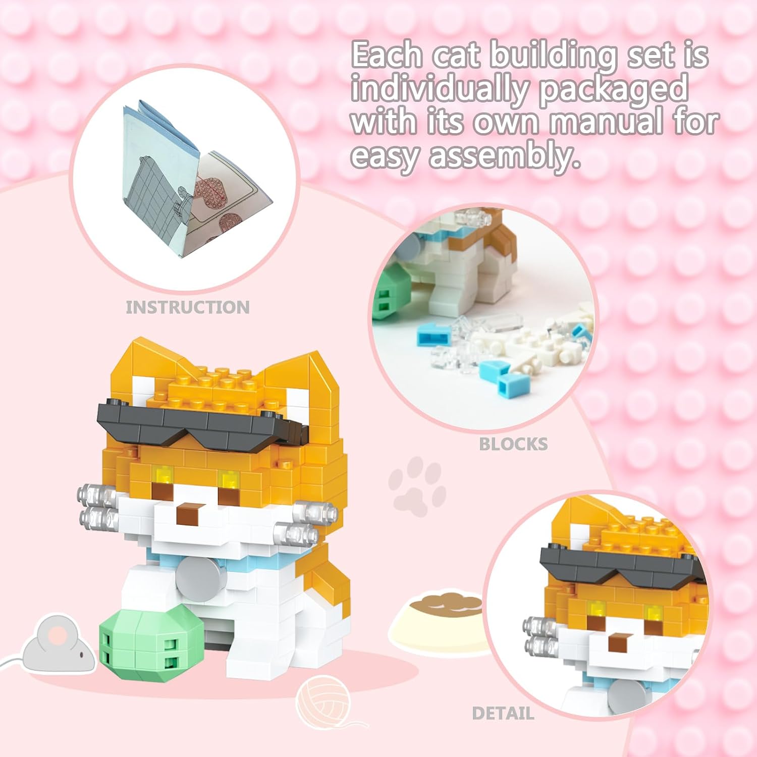 10 Packs Mini Building Blocks Cats Set, Cat Building Kit Party Favors Toy, Interlocking Bricks, DIY Animal Figure