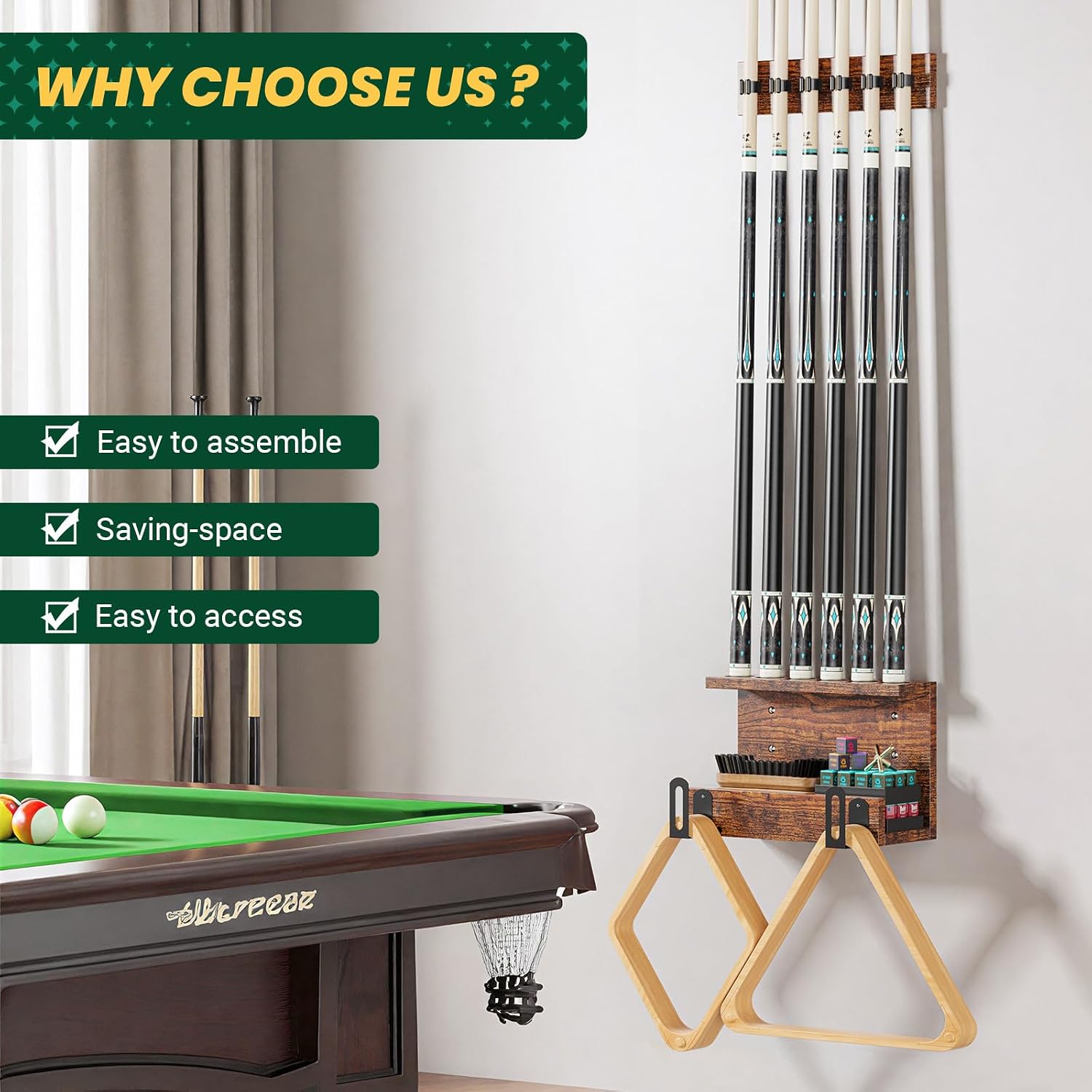 Wall Mount Pool Cue Holder – Hardwood Billiards Cue Rack for 6 Sticks, Pool Stick Wall Mount Storage Organizer, Pool