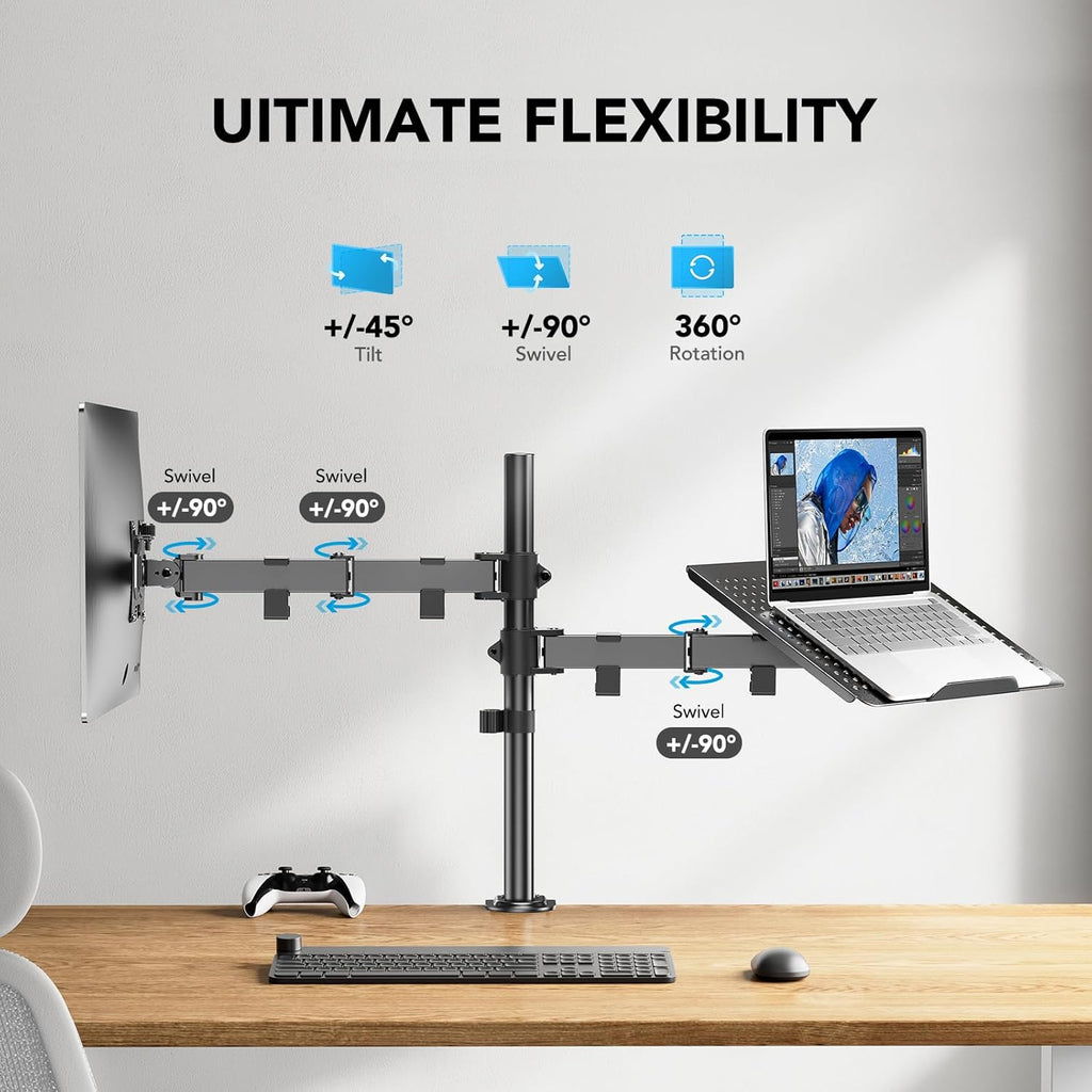 Adjustable Monitor Arm with Laptop Tray, Single Desk Mount for 13-32" VESA Monitors up to 22 lbs, 14" x 12" Laptop Tray