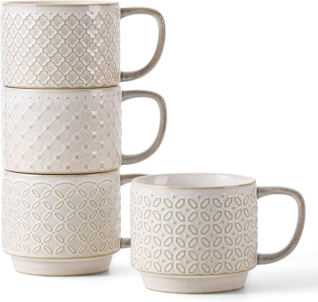 12oz Coffee Mugs Set of 4, Ceramic Coffee Mugs, Stackable Cappuccino Cups, Microwave Safe and Large Handle, Office
