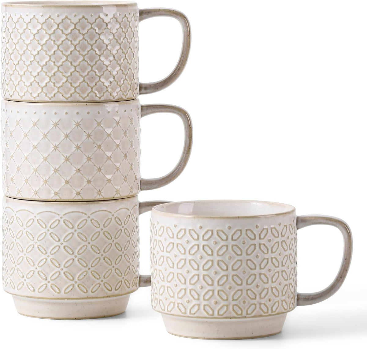 12oz Coffee Mugs Set of 4, Ceramic Coffee Mugs, Stackable Cappuccino Cups, Microwave Safe and Large Handle, Office