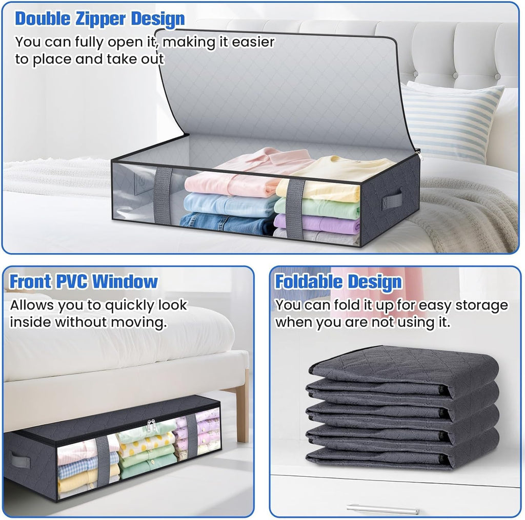 Under Bed Storage Containers, 4 Pack Blanket Storage Bags, Collapsible Storage Bags with Big Zippers, Clear Front