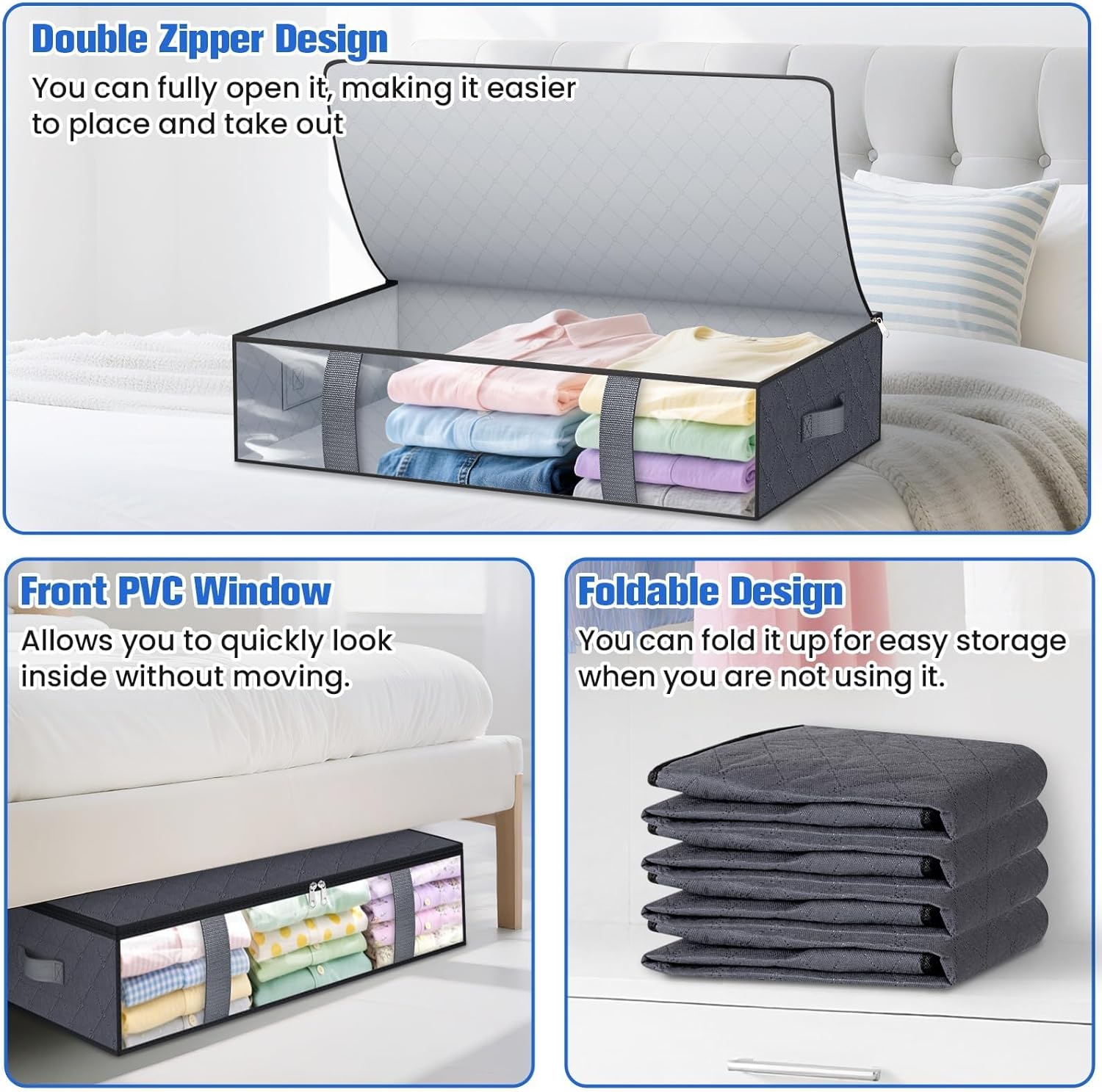 Under Bed Storage Containers, 4 Pack Blanket Storage Bags, Collapsible Storage Bags with Big Zippers, Clear Front
