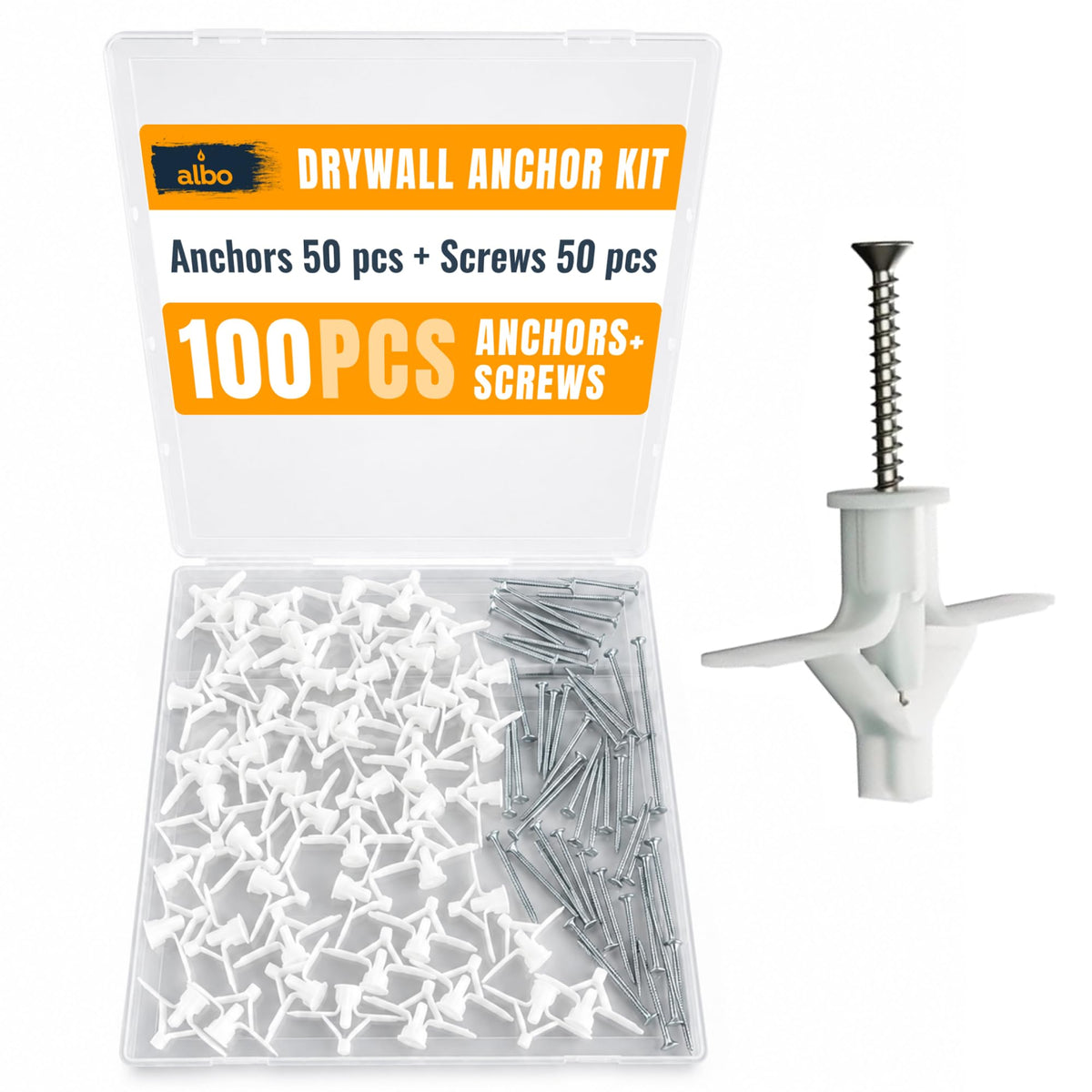 100 Pcs. Plastic Butterfly Drywall Anchors and Screws Kit, White