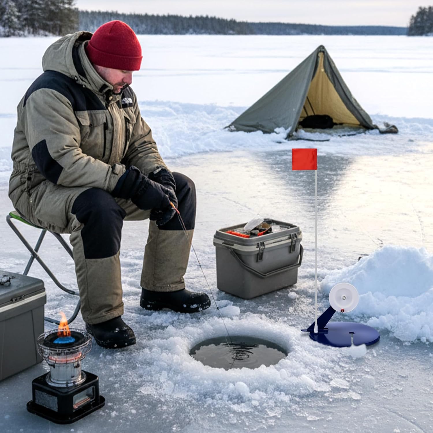 2 Packs Ice Fishing Tip-ups Flag Marker Rod with Portable Pole Flags for Tip-up Anglers Accessory Ice Fishing