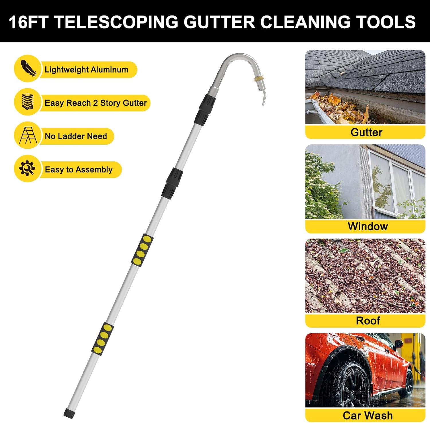 24FT Reach Gutter Cleaning Tools from Ground, Telescopic Rain Gutter Cleaners Tool with Quick Connect Adapter and