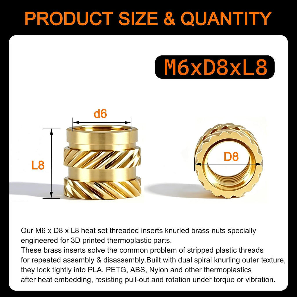 Dianrui M6 Heat Set Inserts for 3D Printing, Brass Threaded Insert 60PCS