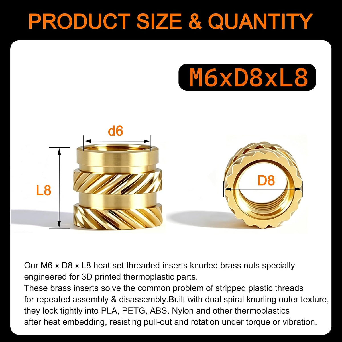 Dianrui M6 Heat Set Inserts for 3D Printing, Brass Threaded Insert 60PCS