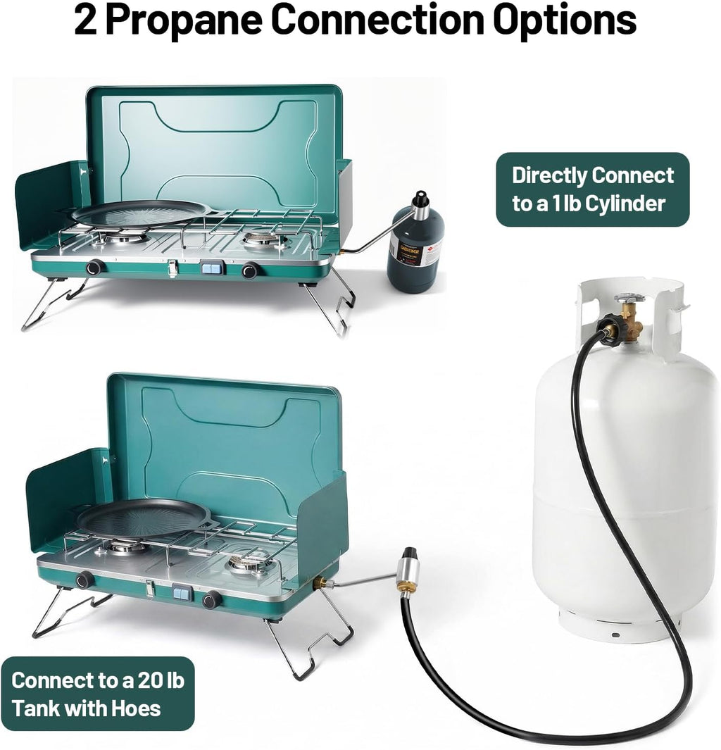 2 Burner Propane Stove, 20000BTU Portable Camping Stove with 2 Adjustable Burner and Wind Guards, Camping Cooktop