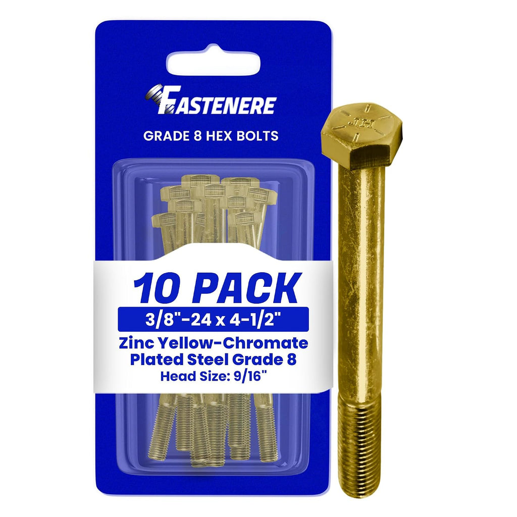 Fastenere 3/8"-24 x 4-1/2" Hex Bolts Grade 8 Zinc Yellow-Chromate Plated Steel, Partial Threaded Durable Hex Bolts for Machinery & Construction, Rust-Resistant, Heavy-Duty Fasteners, Pack of 10