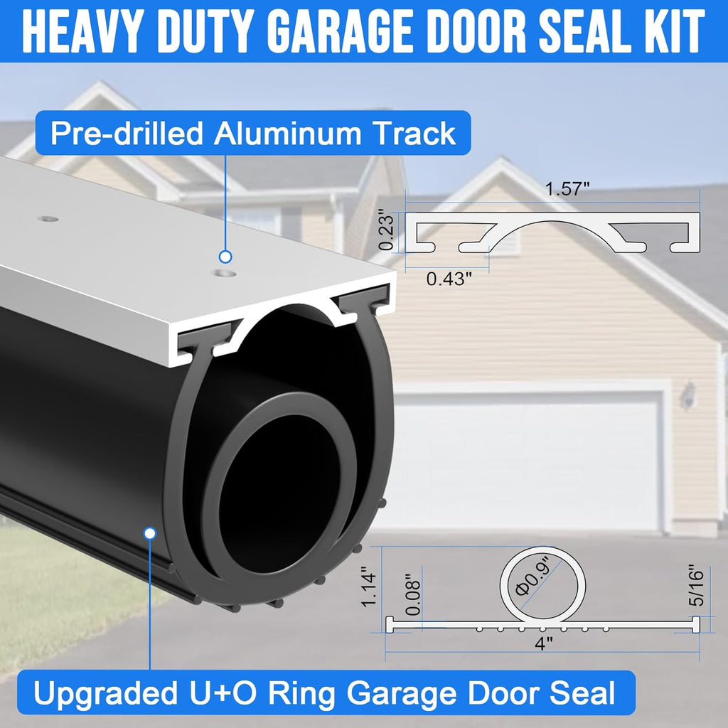 16.5 FT Garage Door Seal Bottom Kit - Heavy Duty EPDM Rubber U+O Ring Weather Stripping with Pre-drilled Aluminum