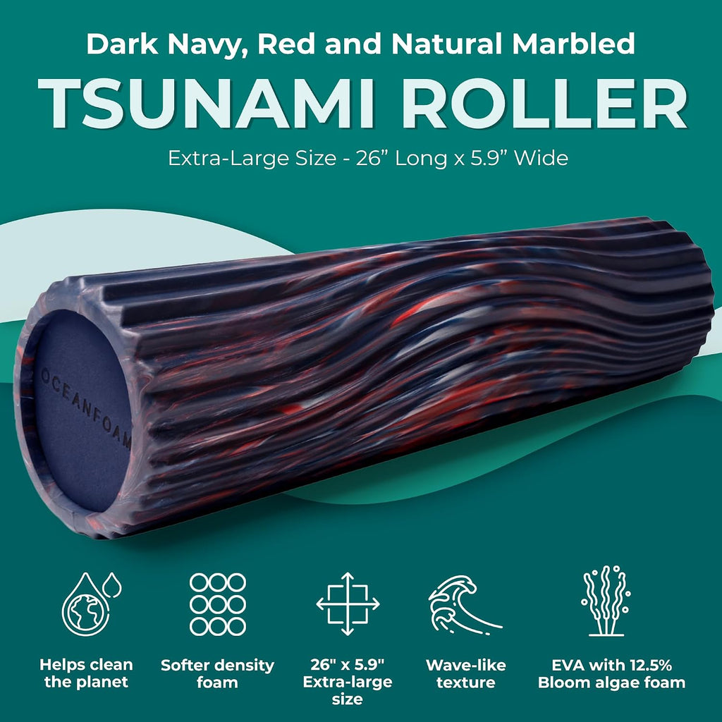 Tsunami Roller (Dark Navy, Red & Natural Marbled) - Extra-Large, 26" x 5.9" - Soft, Textured Foam Roller for Physical