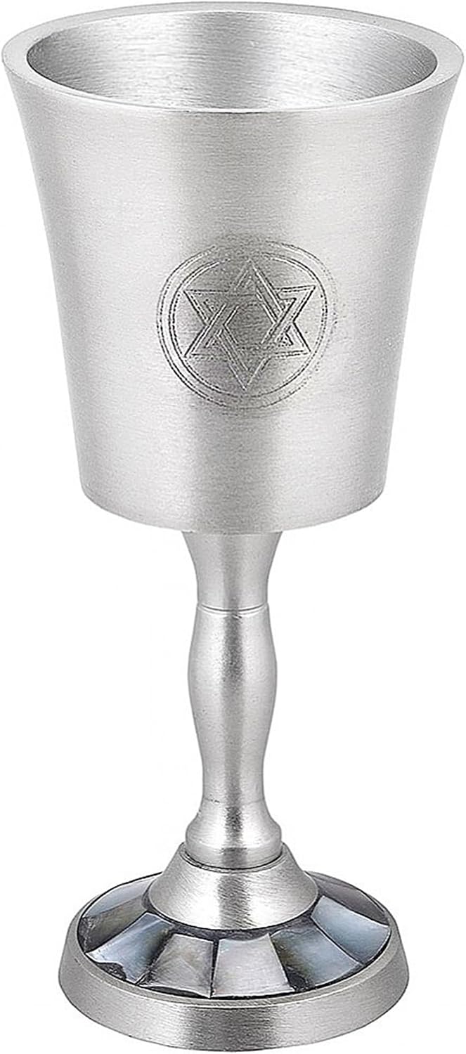Zion Judaica Passover Seder Natural Black Pearl Inlay Kiddush Cup Goblet 6" Tall Engraved Star of David Pewter Finish