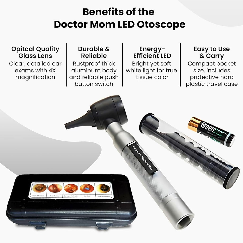 4th Generation Doctor Mom LED Pocket Pro Otoscope with Both Adult and Pediatric Disposable Specula Tips, Battery, and