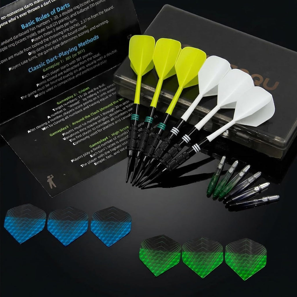 Soft Tip Darts Set 6 Pack – Professional Darts Plastic Tip with Integrated Dart Flights, Extra Dart Stems & Flights