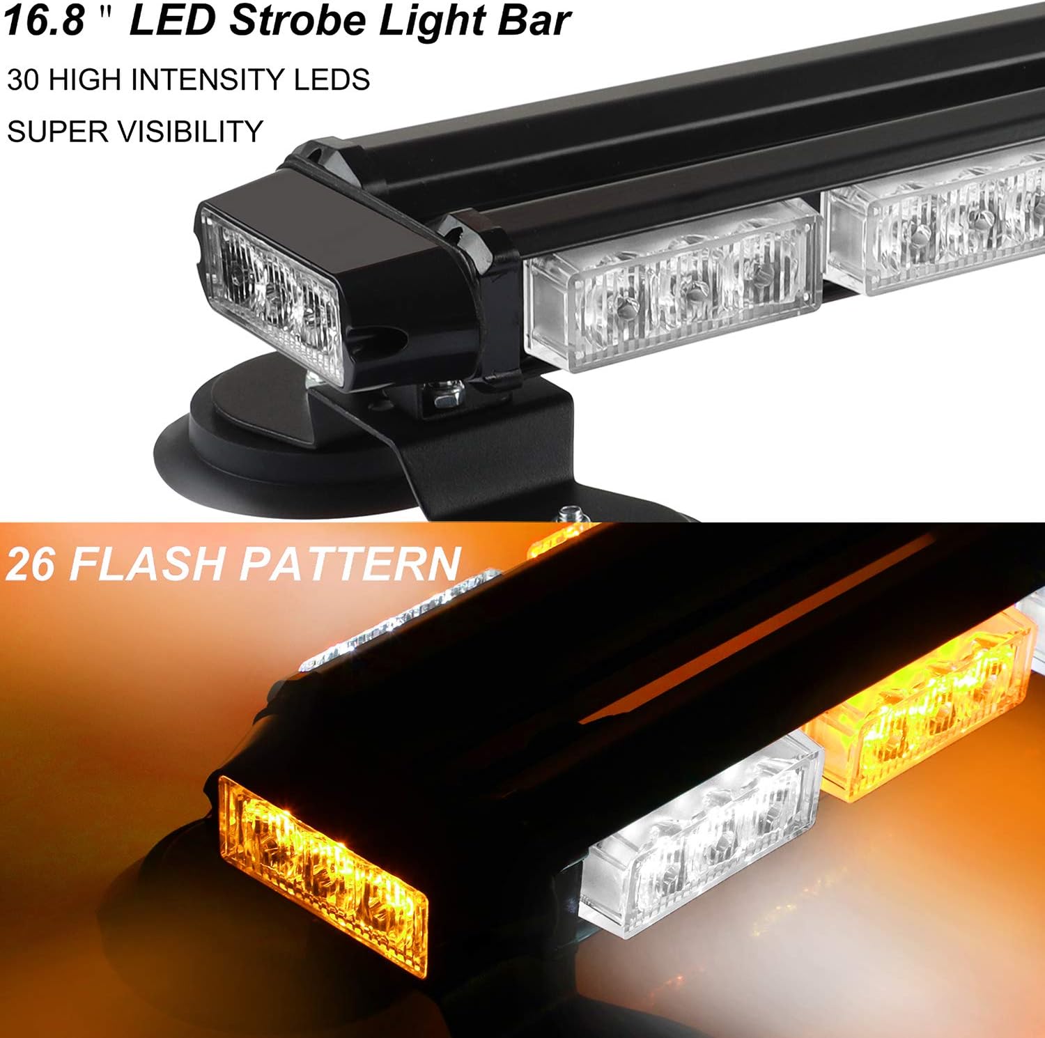 16.8 Inch LED Strobe Flashing Light Bar, 26 Flashing Modes High Intensity Emergency Hazard Warning Beacon Lights with