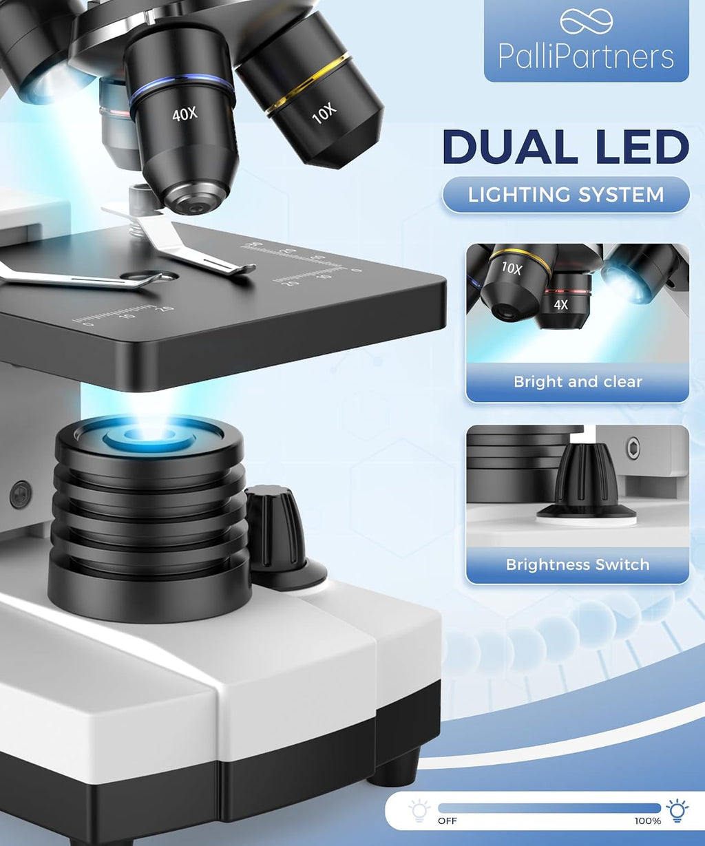 Compound Microscope for Adults & Students, White | 100X-2000X High-Power, Biological Microscope, School Lab & Home