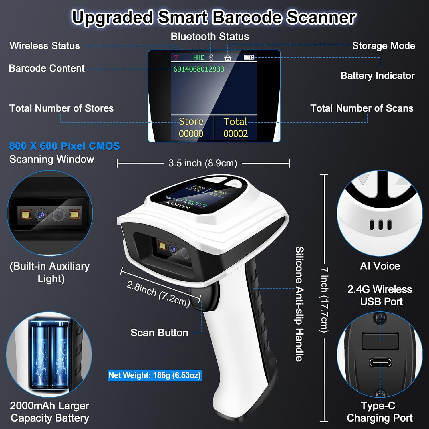 1D QR 2D Barcode Scanner, Bluetooth Wireless Bar Code Reader | Setting Keypad & LCD Screen Display & AI Voice