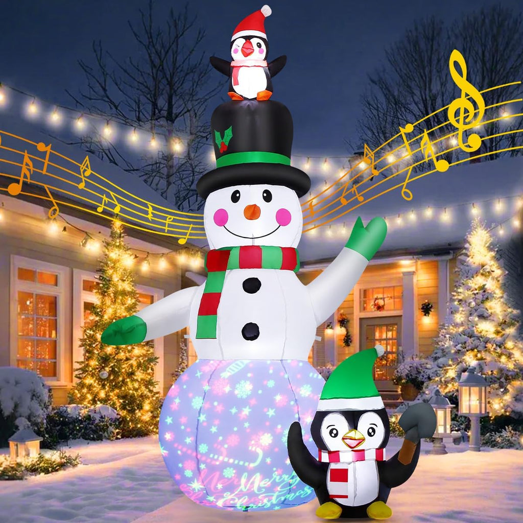 7 FT Christmas Inflatables Snowman and Penguin with Built-in Music & 360° Rotation Colorful Projector LED Light, Blow