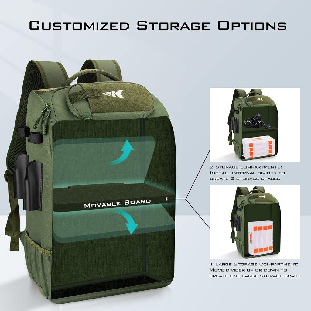 KarryAll Fishing Backpack with Rod Holder 4 Tackle Boxes, 40/26L | Tackle Bag Storage Fishing Gear and Equipment