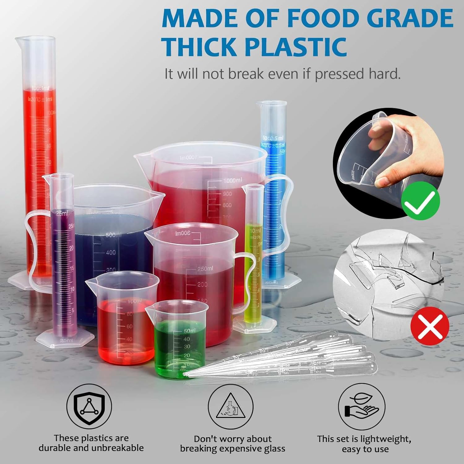 Upgraded Plastic Graduated Cylinders and Beakers, 10-1000ml 15PCS | 4 cylinders (10/25/50/100ml), 5 beakers