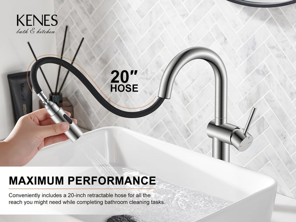 Pull Down Bathroom Faucet 1 Handle, Brushed Nickel Vessel Sink Faucet