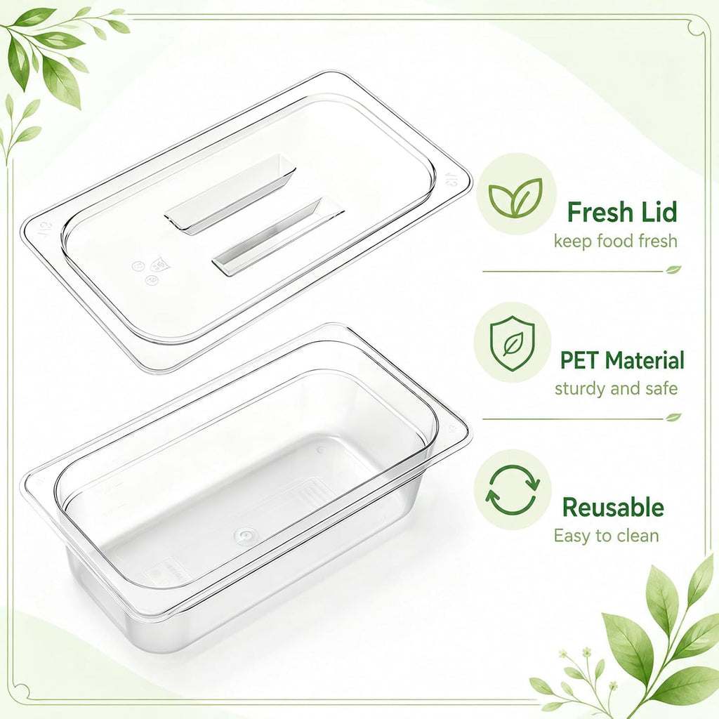 6 Pack Plastic Clear Food Pans with Lids, 1/3 Size 4 Inch Deep Stackable Commercial Polycarbonate Pans for Kitchen