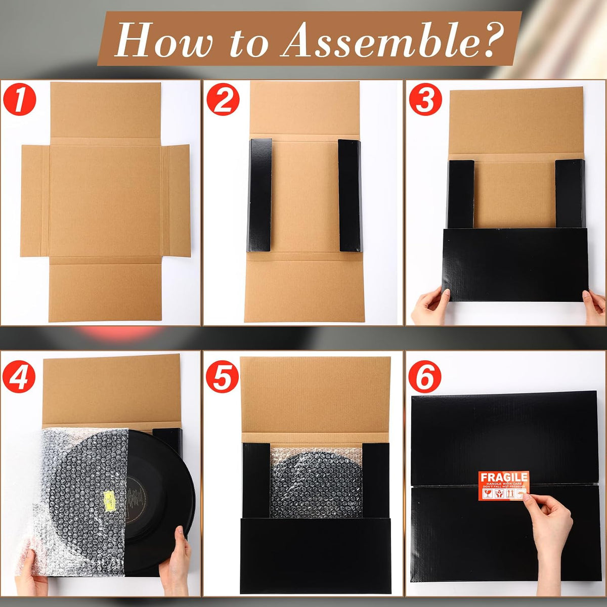 10 Sets 12.6 x 12.6 x 1" Vinyl Record Shipping Boxes, Black