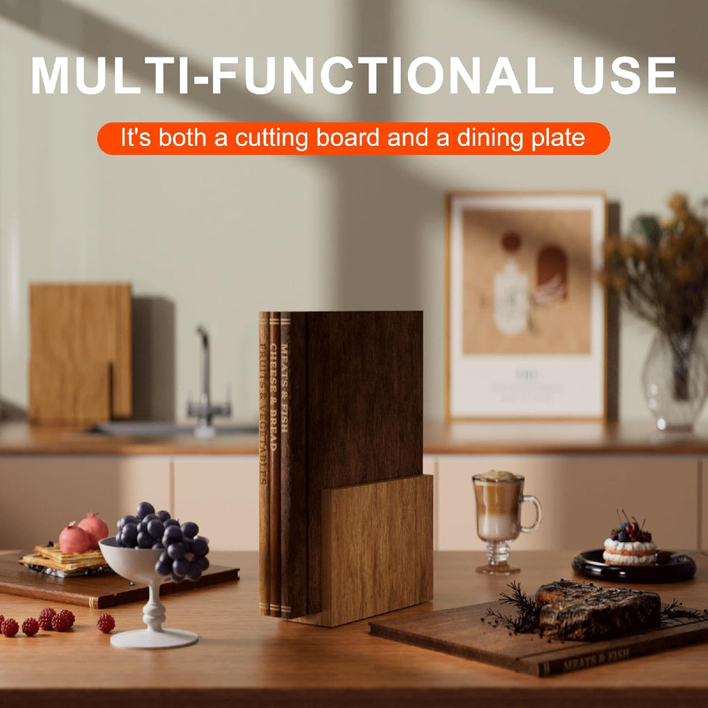 Book Cutting Board Set with Stand, 3-Piece Acacia Wood Boards That Look Like Books, Labeled Wooden Chopping Boards